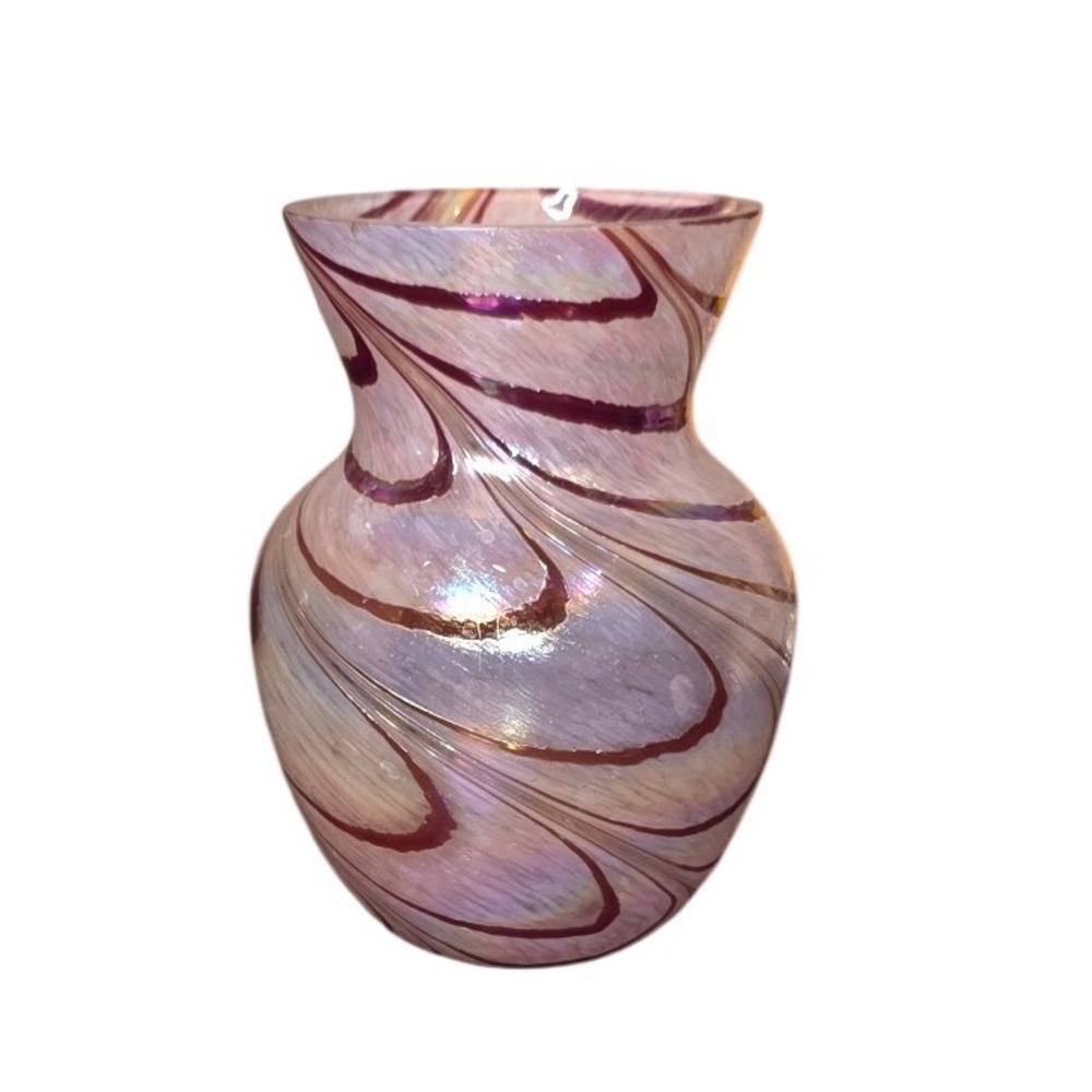 Teleflora Iridescent‎ Red and pink Swirl Hand Blown Glass Art Vase